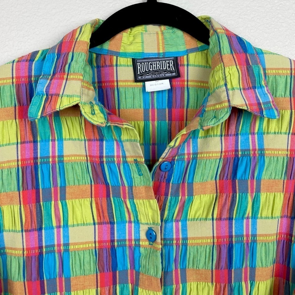 VTG Junior's Medium Roughrider by Circle K Rainbow Plaid Collared Shirt Smocked - Picture 2 of 16